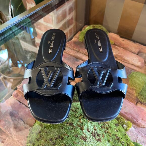 LOUIS VUITTON LV Isola Black Calf Leather Flat Mule Sandal Size 39 - Picture 2 of 5